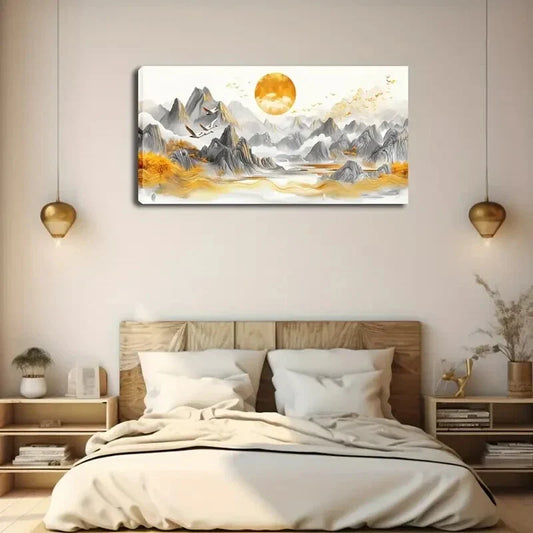 Golden Geese Sun Landscape Wall Art Canvas Office Home Room Framed 120x60cm
