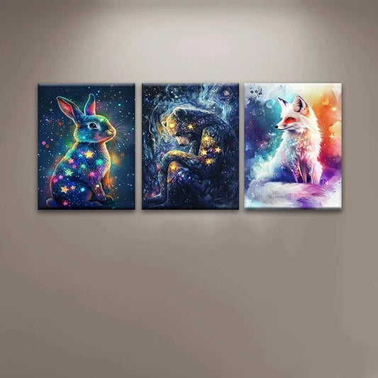 3pcs Starry Night Animal Galactic Rabbit Bear Metal Print Ready to Hang Art