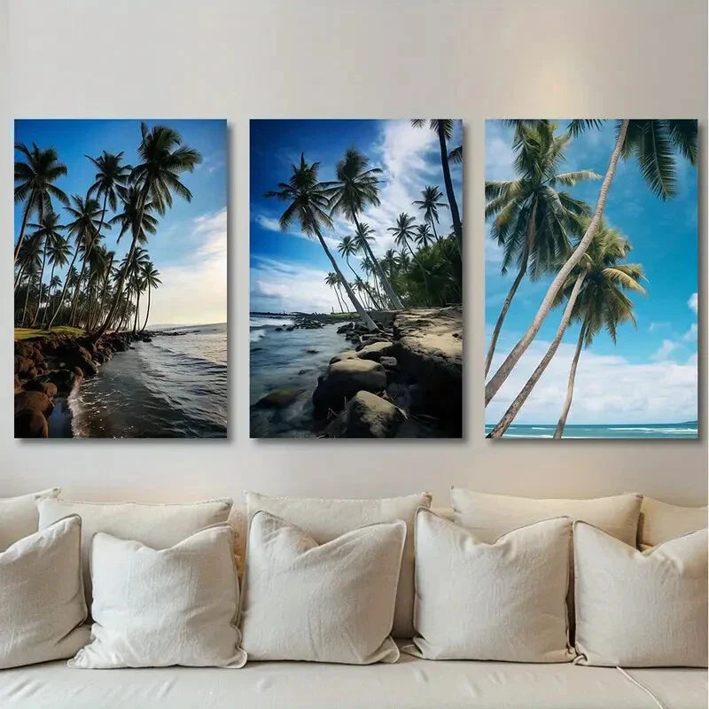 3pcs Coconut Trees Sea Blue Sky White Clouds Metal Print Ready to Hang Art