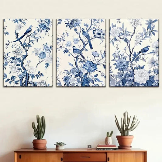 3pcs Blue Tree Branch Bird Pattern Metal Print Ready to Hang Art