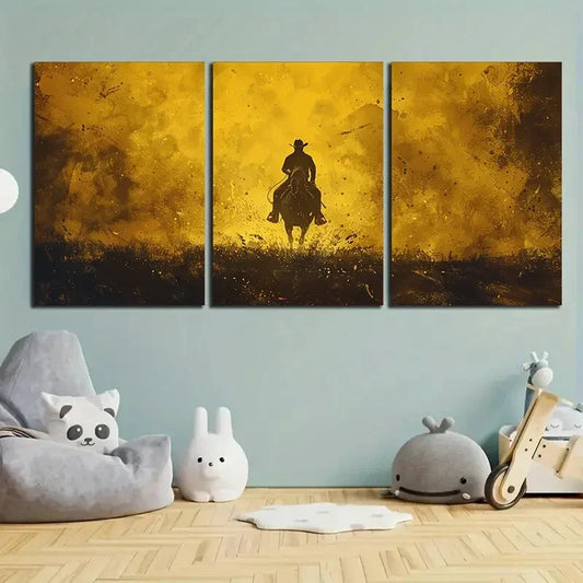 3pcs Denim Man Riding On Horse Metal Print Ready to Hang Art