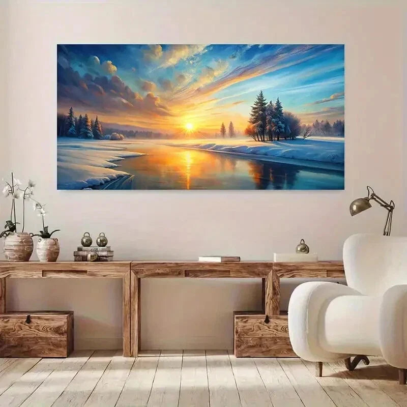 Snowy Scene with Sunrise Sunset Wall Art Canvas Office Home Room Framed 120x60cm