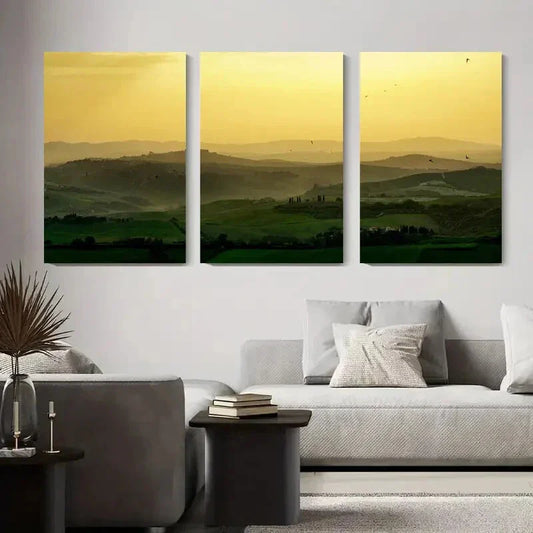 3pcs Serene Green Landscape & Sunset Sky Metal Print Ready to Hang Art