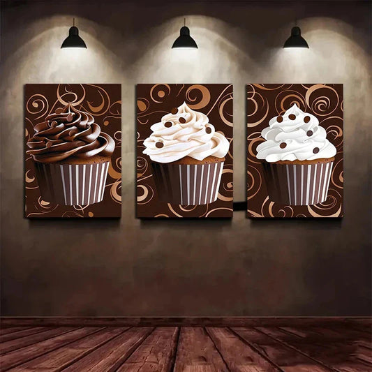 3pcs Yummy Golden Lines Chocolate Cupcake Metal Print Ready to Hang Art