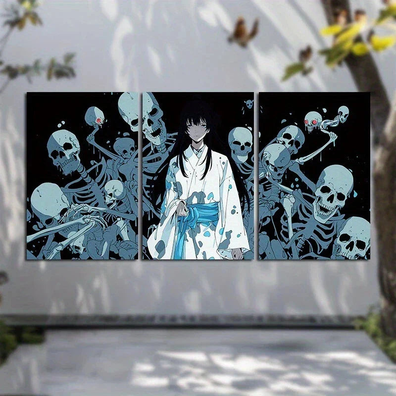 3pcs Japanese Anime Girl and Skeletons Metal Print Ready to Hang Art