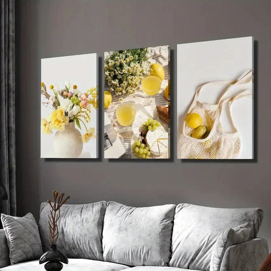 3pcs lemon grape , plants and flowers Wall Art Set Canvas Framed 40x60cm - High Quality Print 100% Australian Made Wall Canvas Ready to Hang