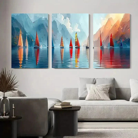 3pcs Colorful Sailboats on Water Metal Print Ready to Hang Art
