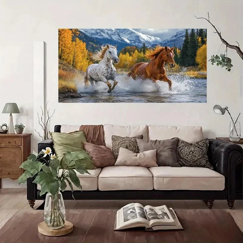 Horses Running Waterfall Wall Art Canvas Office Home Room Framed 80x45cm
