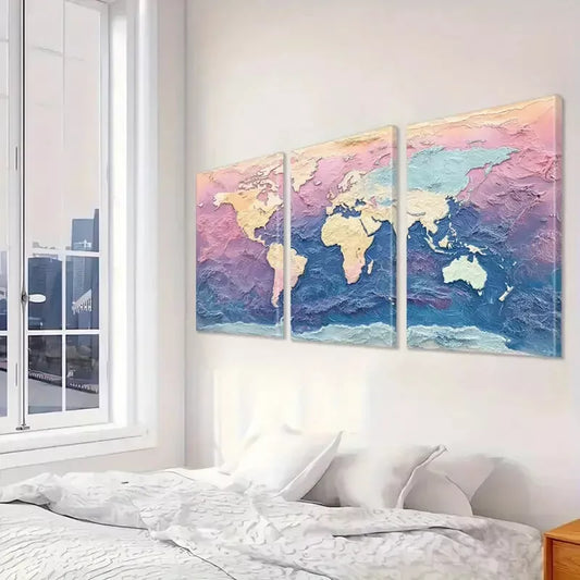 3pcs Decorative Aesthetic Textured World Map Wall Art Set Canvas Framed 40x60cm - High Quality Print 100% Australian Made Wall Canvas Ready to Hang