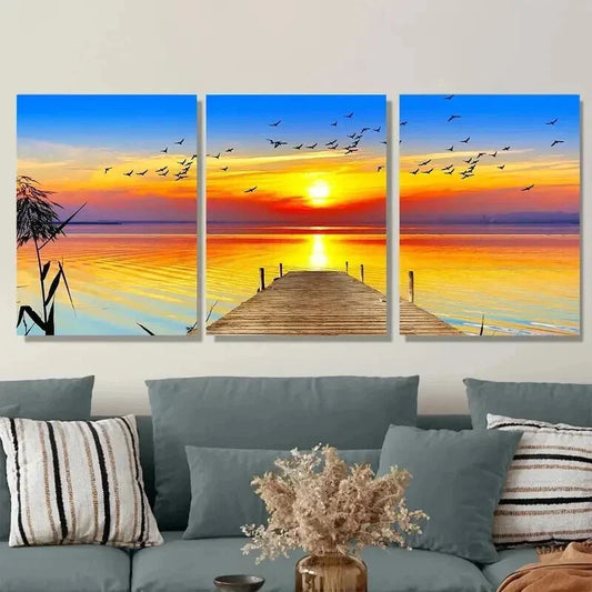 3pcs Sunset Dock Orange Yellow Blue Sunset Wall Art Set Canvas Framed 40x60cm - High Quality Print 100% Australian Made Wall Canvas Ready to Hang