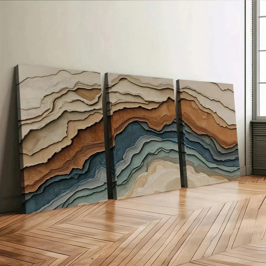 3pcs Abstract Earth Tones Blue Wave Brown Gray Wall Art Set Canvas Framed 40x60cm - High Quality Print 100% Australian Made Wall Canvas Ready to Hang