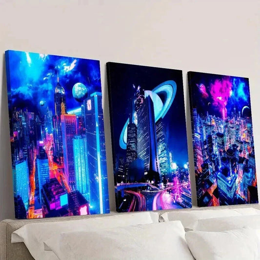 3pcs Sci-Fi City Night Scene with Neon Colors Wall Art Set Canvas Framed 40x60cm - High Quality Print 100% Australian Made Wall Canvas Ready to Hang