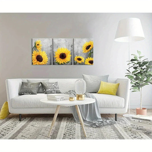 3pcs Sunflower Yellow and Floral Metal Print Ready to Hang Art