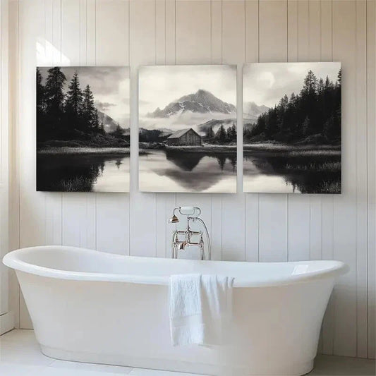 3pcs Misty Lake and Cabin Tranquil Perfect Wall Art Set Canvas Framed 40x60cm - High Quality Print 100% Australian Made Wall Canvas Ready to Hang
