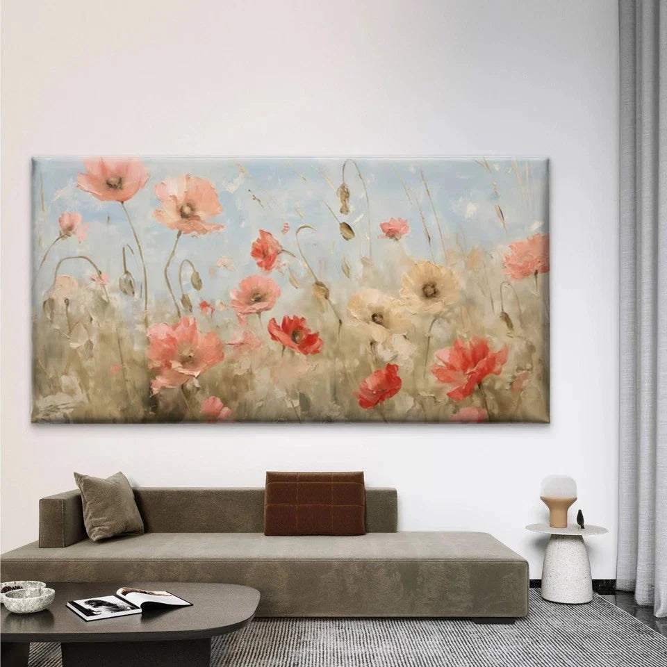 Poppy Flower Field Wall Art Canvas Office Home Room Framed 80x45cm