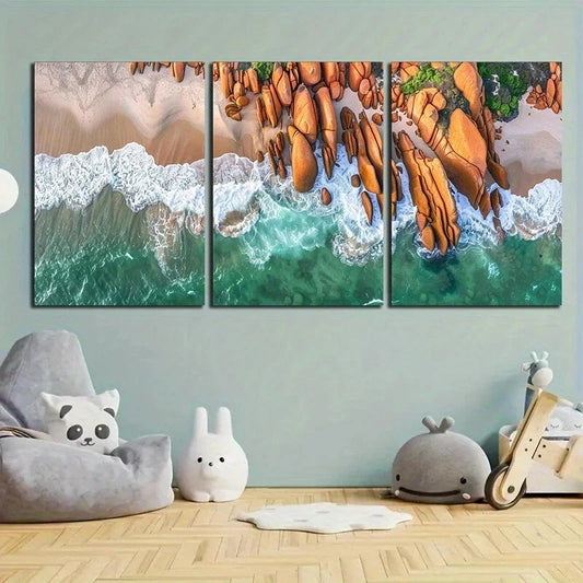 3pcs Serene Beach and Rock Coastline with Vibrant Metal Print Ready to Hang Art