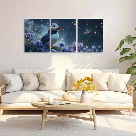 3pcs Charming Puffin Contemporary Metal Print Ready to Hang Art