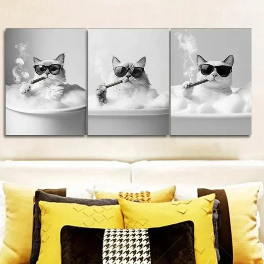 3pcs Gangster Brother Kitten Art Painting Metal Print Ready to Hang Art