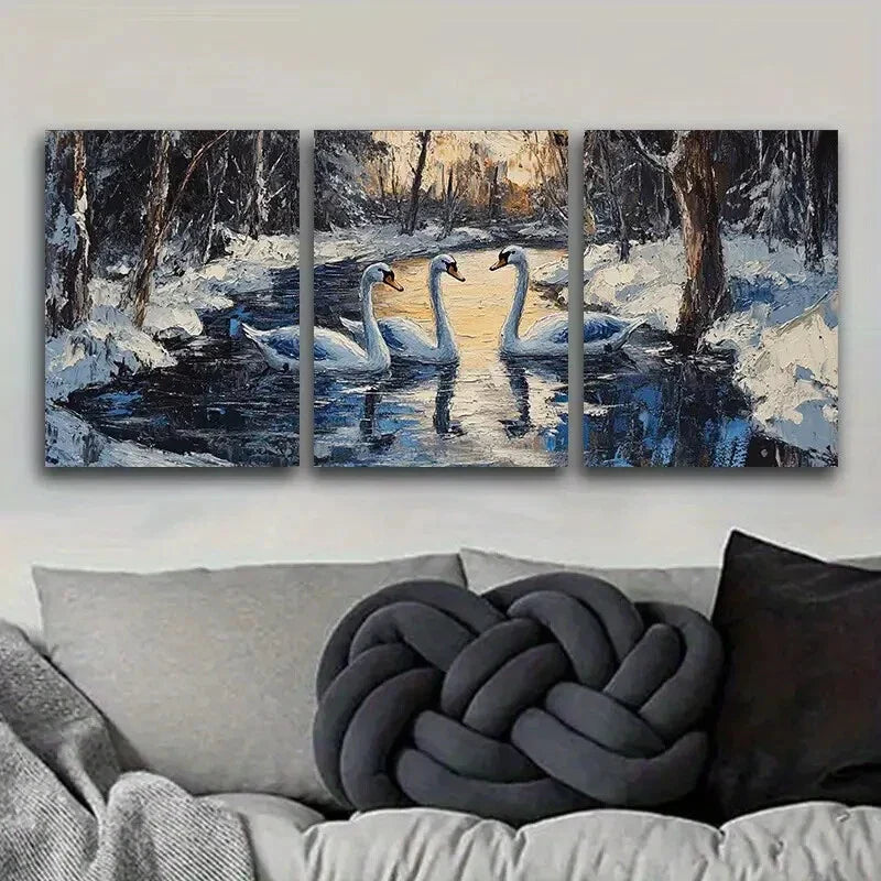 3pcs Elegant Swan Lake Scene, Metal Print Ready to Hang Art