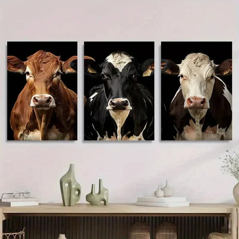 3pcs Stunning Farm Animal Bold Black & Brown Metal Print Ready to Hang Art