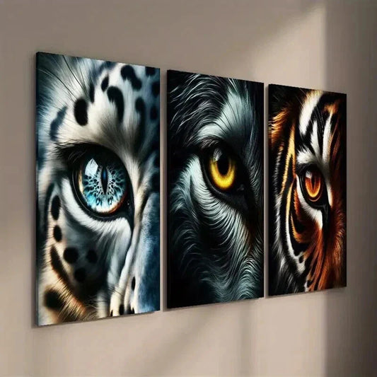 3pcs Snow Leopard Wolf Tiger Eye Macro Wall Art Set Canvas Framed 40x60cm - High Quality Print 100% Australian Made Wall Canvas Ready to Hang