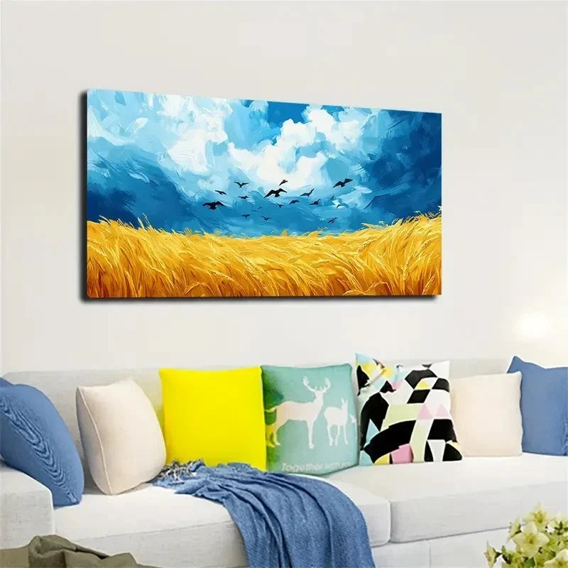 Blue Sky Golden Wheat Fields Wall Art canvas office home room framed 120x60cm