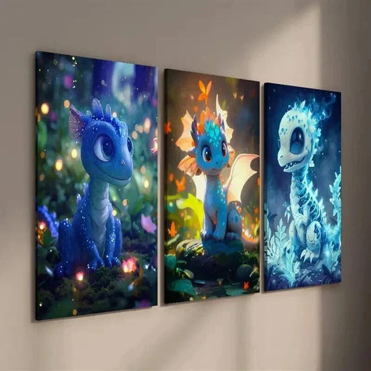 3pcs Dragon Dinosaur in the Forest Wall Art Set Canvas Framed 40x60cm - High Quality Print 100% Australian Made Wall Canvas Ready to Hang