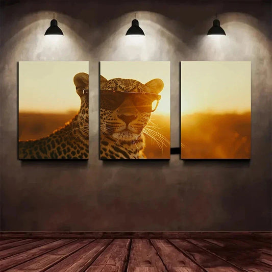 3pcs Cartoon Leopard Sunset Wearing Glass Metal Print Ready to Hang Art