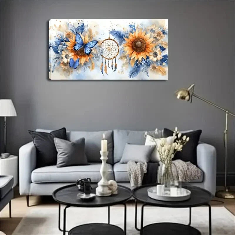 Two Blue Butterflies Sunflower Wall Art Canvas Office Home Room Framed 120x60cm