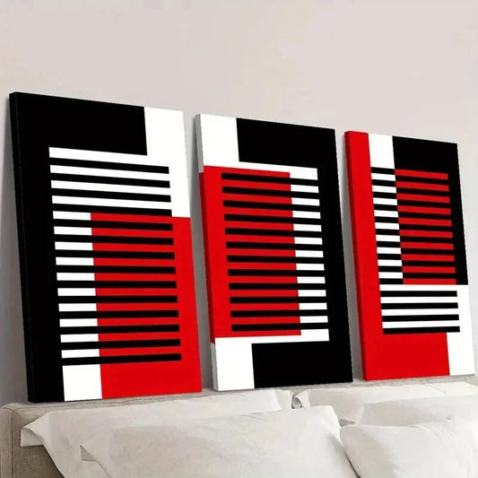 3pcs Abstract Geometric Black White Red Line Wall Art Set Canvas Framed 40x60cm - High Quality Print 100% Australian Made Wall Canvas Ready to Hang