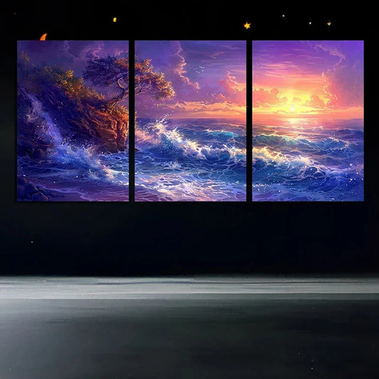 3pcs Sunset Seascape Ocean Waves and Cliff Metal Print Ready to Hang Art