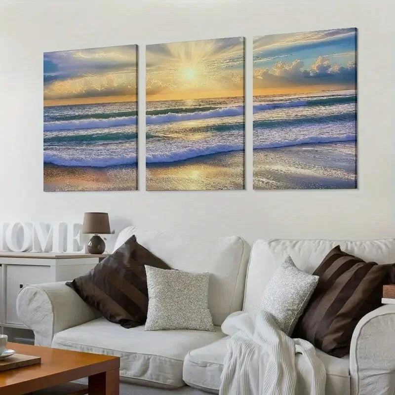 3pcs Modern Sunset Beach Wall Art Set Canvas Framed 40x60cm - High Quality Print 100% Australian Made Wall Canvas Ready to Hang