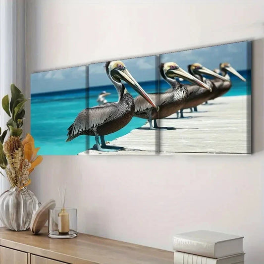3pcs Brown Pelicans Colorful Sharpe Perfect Wall Art Set Canvas Framed 40x60cm - High Quality Print 100% Australian Made Wall Canvas Ready to Hang
