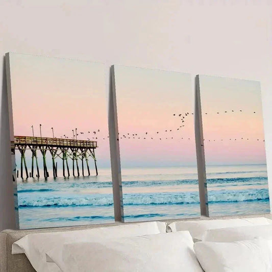3pcs Ocean Sunset & Coastal Beach Wall Art Set Canvas Framed 40x60cm - High Quality Print 100% Australian Made Wall Canvas Ready to Hang