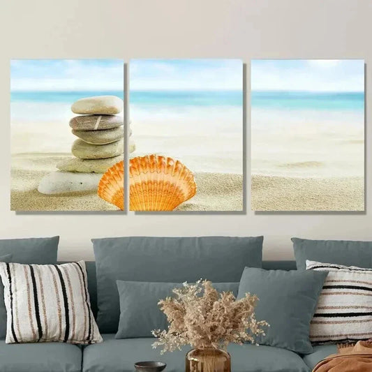 3pcs Beach Zen Stone Stack And Seashell Wall Art Set Canvas Framed 40x60cm - High Quality Print 100% Australian Made Wall Canvas Ready to Hang