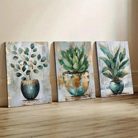 3pcs Green Botanical Succulent Paintings Wall Art Set Canvas Framed 40x60cm - High Quality Print 100% Australian Made Wall Canvas Ready to Hang