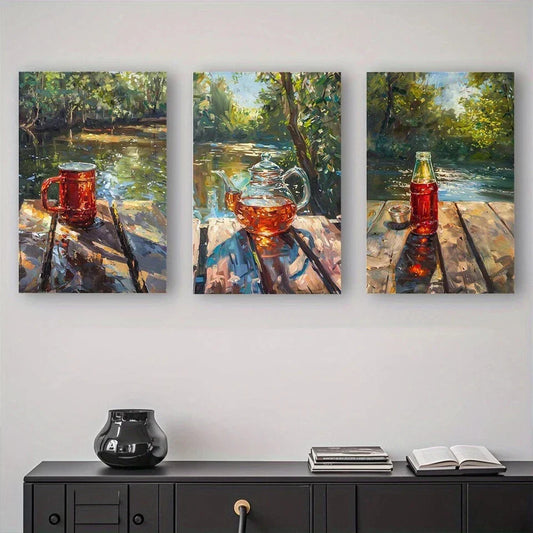 3pcs Tea River Design Modern Luxury Abstract Metal Print Ready to Hang Art