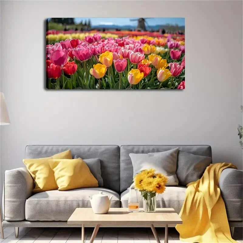 A Colorful Tulip Field Decor Wall Art Canvas Office Home Room Framed 120x60cm