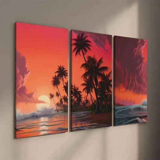 3pcs Tranquil Beach Sunset Tropical Plants Wall Art Set Canvas Framed 40x60cm - High Quality Print 100% Australian Made Wall Canvas Ready to Hang
