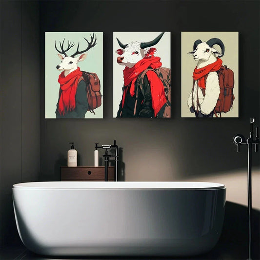 3pcs Abstract Painting Animal Boy Scarf Design Metal Print Ready to Hang Art