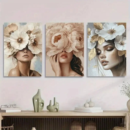 3pcs Modern Abstract Floral Portraits Metal Print Ready to Hang Art