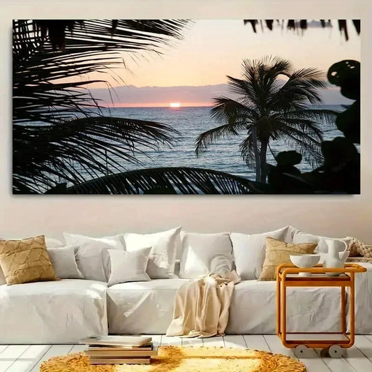 Sunset & Palm Trees Caribbean Wall Art Canvas Office Home Room Framed 120x60cm