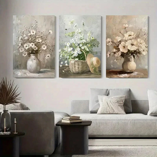 3pcs Elegant Flower Vase Vintage Metal Print Ready to Hang Art