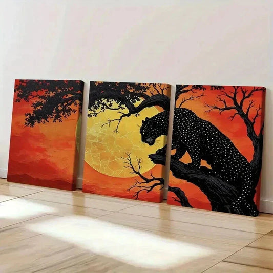 3pcs Black Leopard & Silhouetted Trees in Sunset Wall Art Set Canvas Framed 40x60cm - High Quality Print 100% Australian Made Wall Canvas Ready to Hang