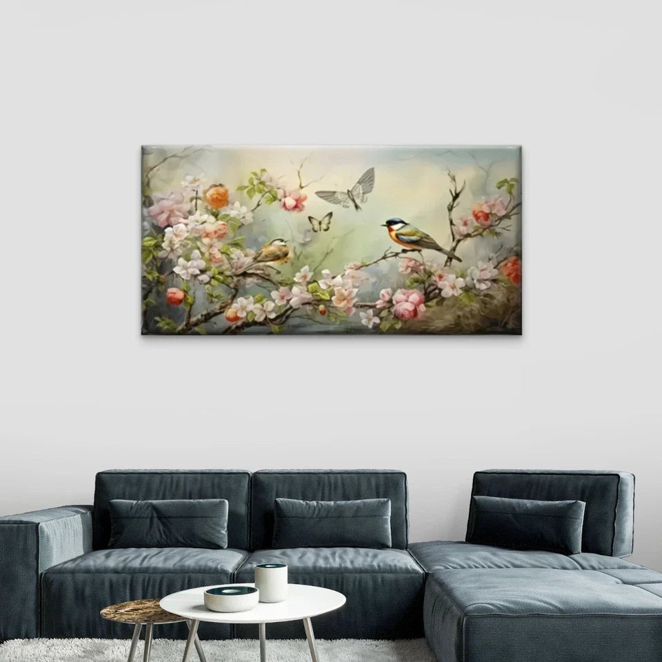 Birds And Flowers On Branch Wall Art Canvas Office Home Room Framed 80x45cm