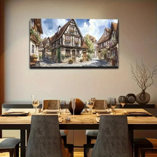 Charming European Village Scene Wall Art Canvas Office Home Room Framed 120x60cm