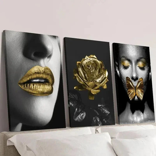 3pcs Woman With Golden Lipstick Butterflies Rose Wall Art Set Canvas Framed 40x60cm - High Quality Print 100% Australian Made Wall Canvas Ready to Hang