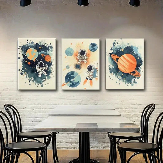 3pcs Playful Astronauts in Space Color Perfect Wall Art Set Canvas Framed 40x60cm - High Quality Print 100% Australian Made Wall Canvas Ready to Hang