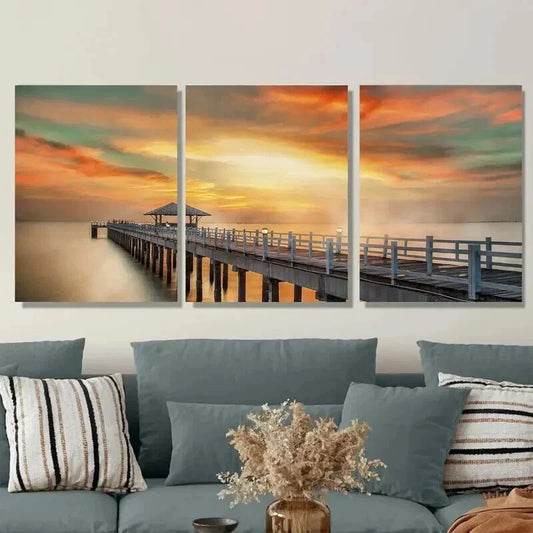 3pcs Sunset Dock Triptych Orange Yellow Green Wall Art Set Canvas Framed 40x60cm - High Quality Print 100% Australian Made Wall Canvas Ready to Hang