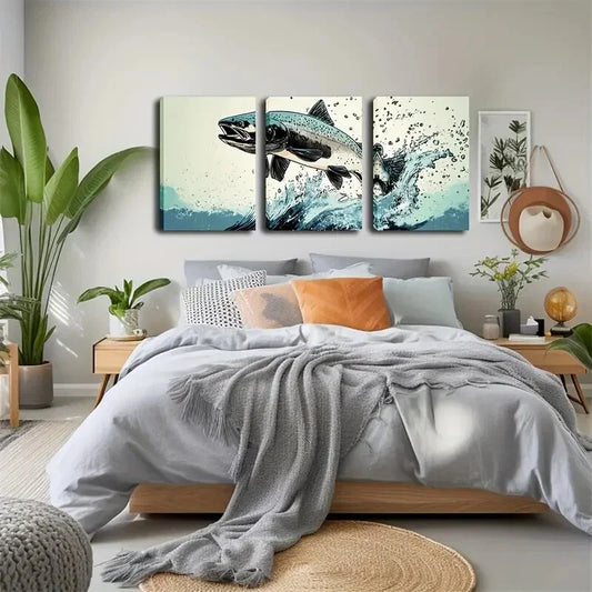 3pcs Vibrant Leaping Fish Wall Art Set Canvas Framed 40x60cm - High Quality Print 100% Australian Made Wall Canvas Ready to Hang